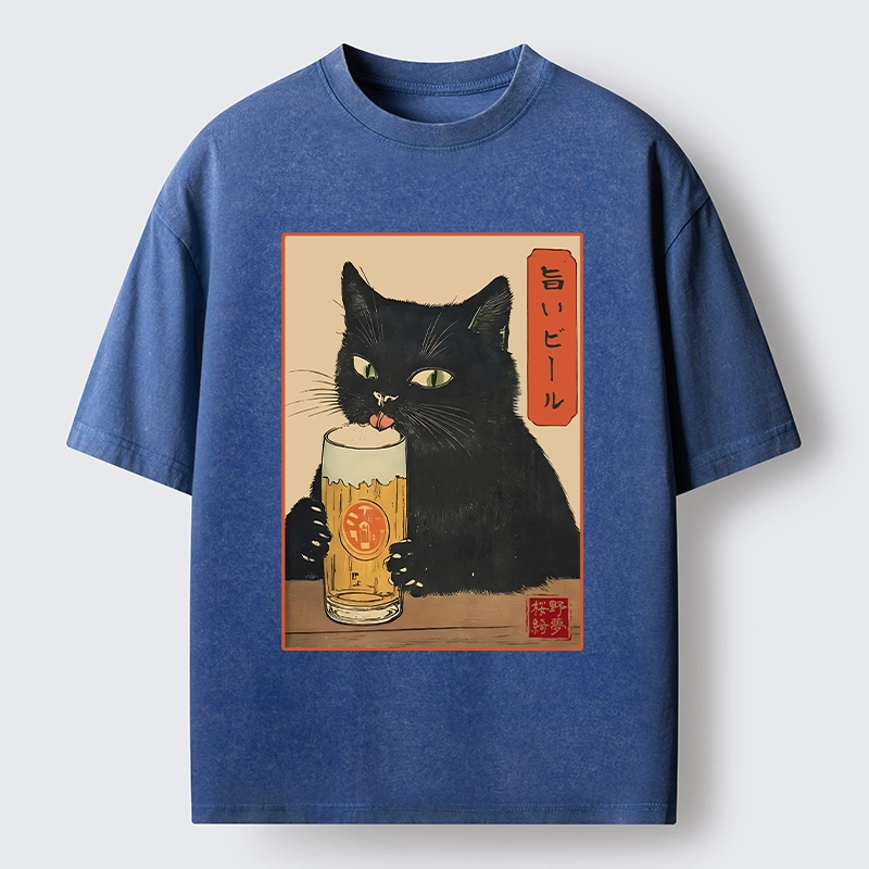 Tokyo-Tiger Cat Holding A Glass Of Beer Washed T-Shirt