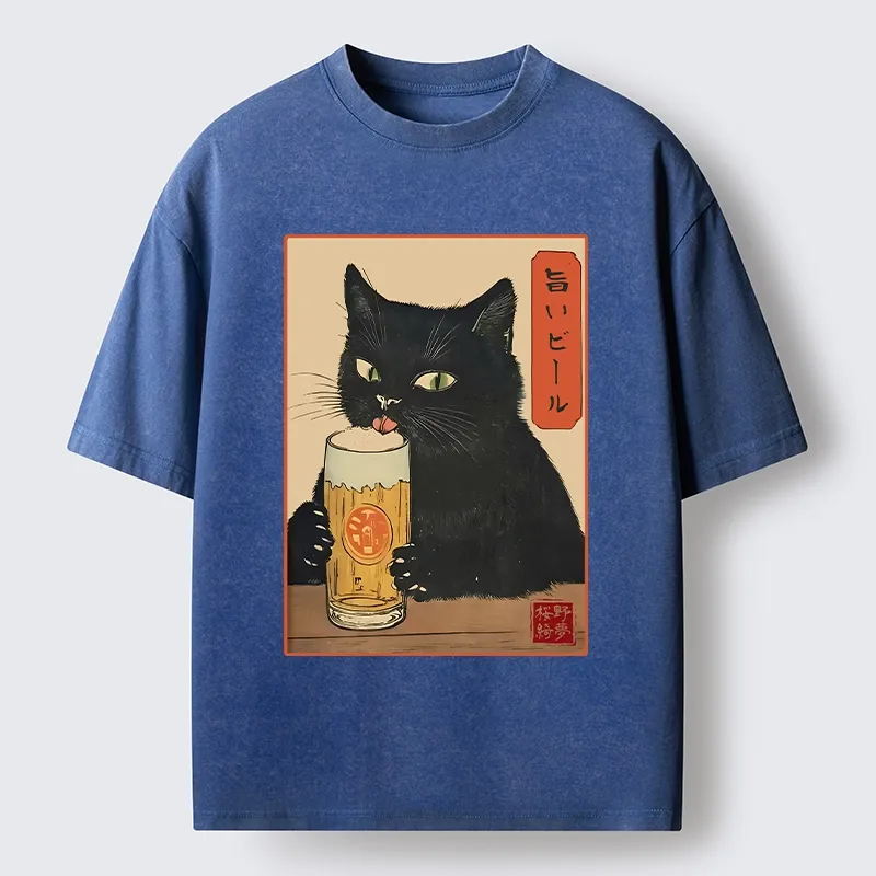 Tokyo-Tiger Cat Holding A Glass Of Beer Washed T-Shirt