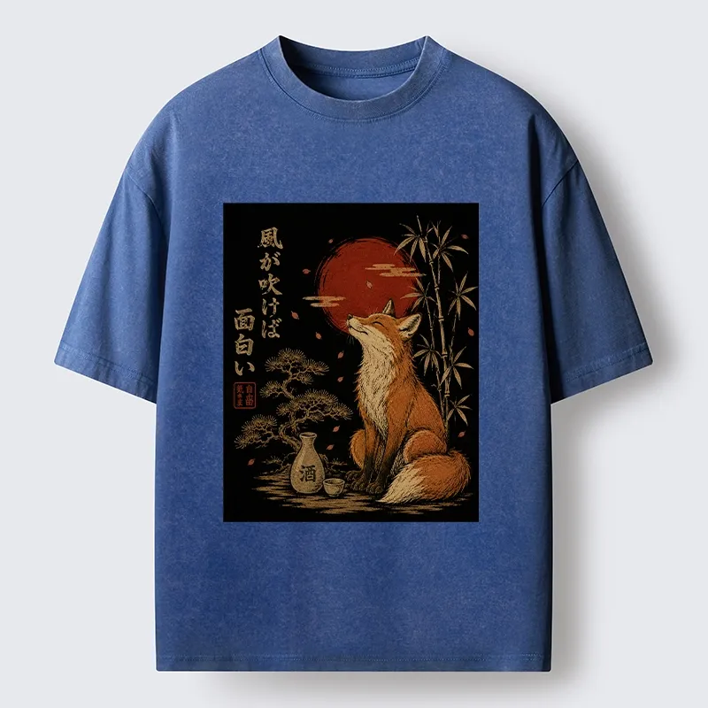 Tokyo-Tiger Zen Fox Enjoying The Night Air Washed T-Shirt