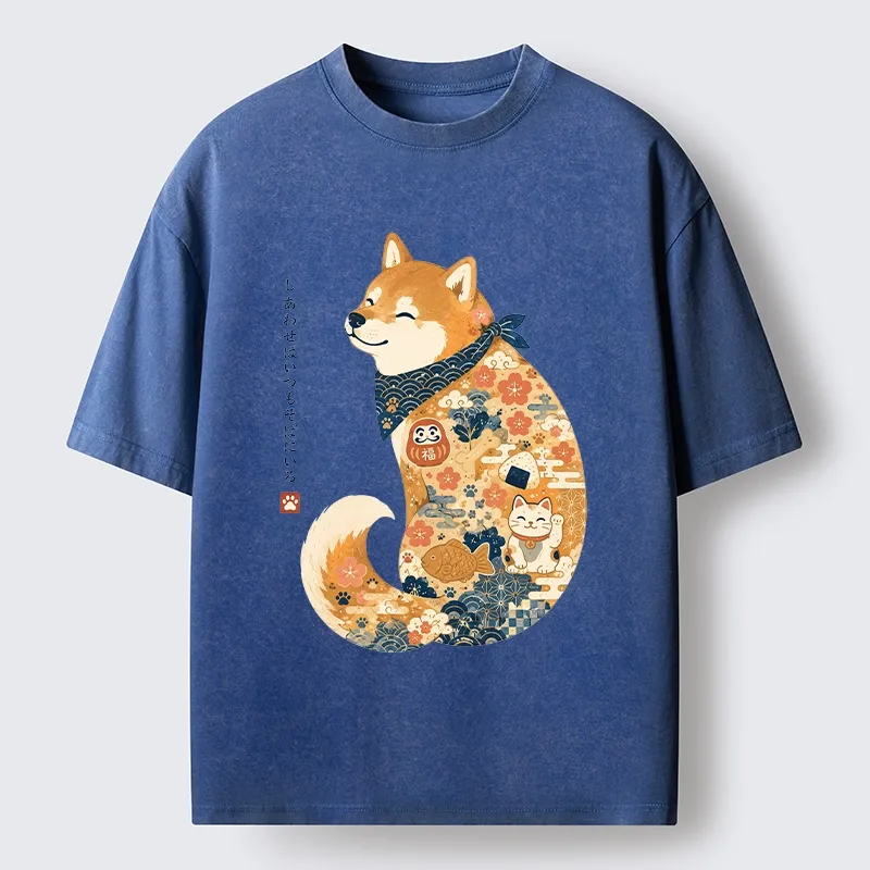 Tokyo-Tiger Cute Shiba Inu Wearing Traditional Kimono Washed T-Shirt