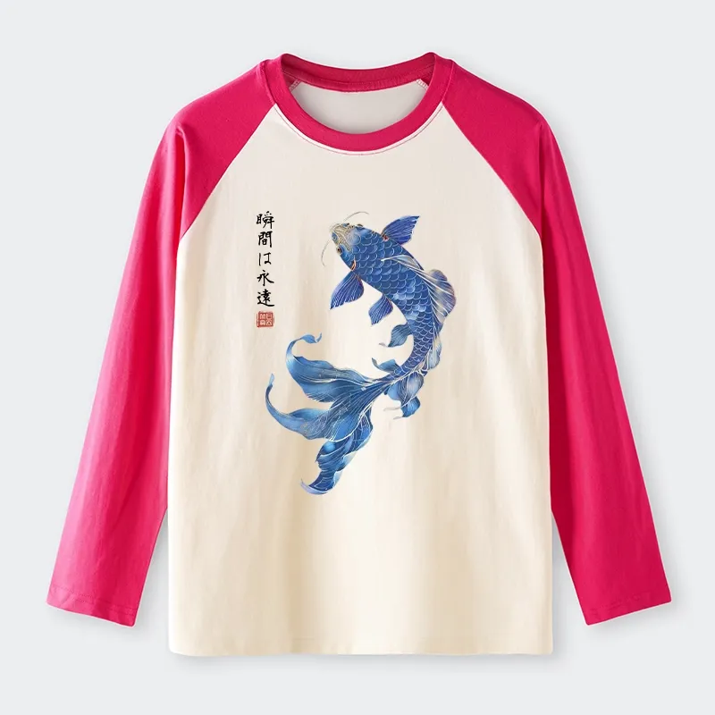 Tokyo-Tiger Lucky Blue Koi Fish Art Raglan Long Sleeve T-shirt Sale