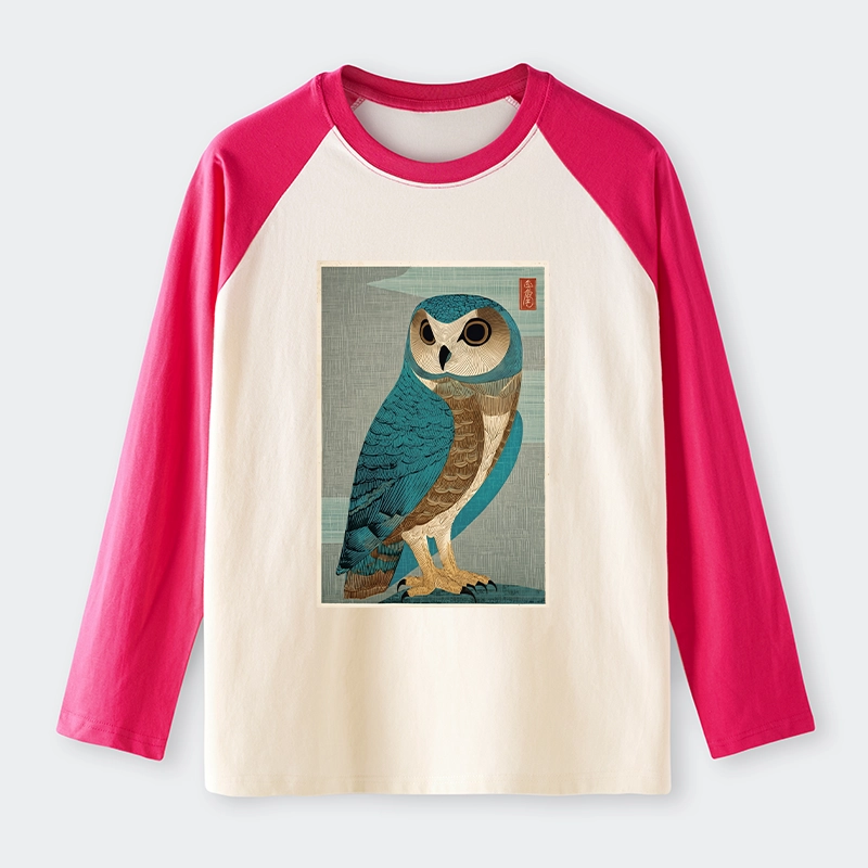 Tokyo-Tiger Vintage Owl Woodblock Art Raglan Long Sleeve T-shirt