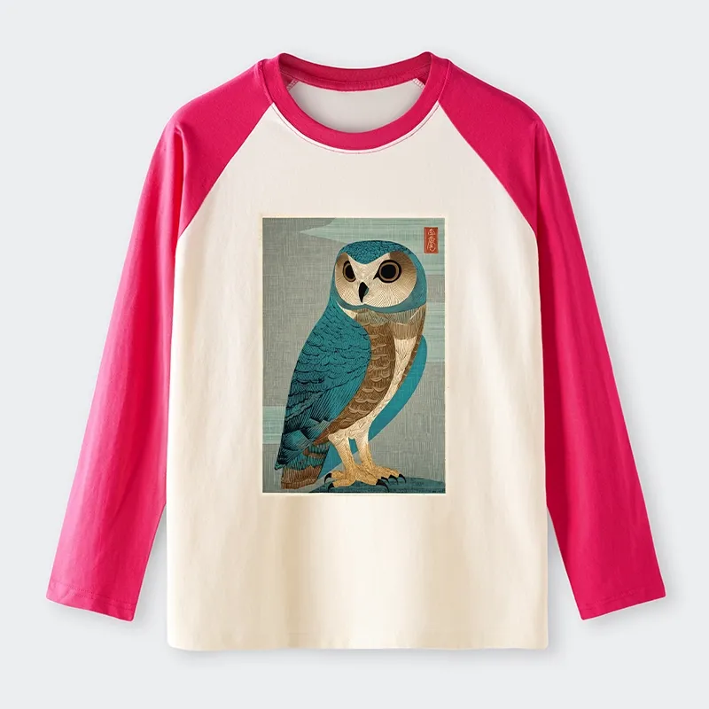 Tokyo-Tiger Vintage Owl Woodblock Art Raglan Long Sleeve T-shirt