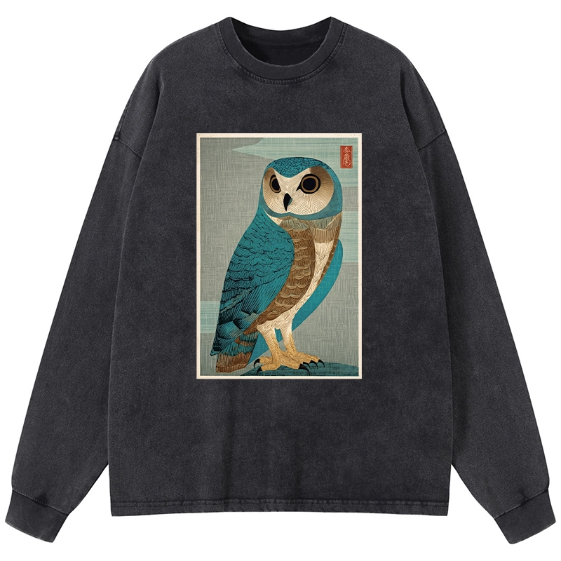 Tokyo-Tiger Vintage Owl Woodblock Art Washed Long Sleeve T-Shirt
