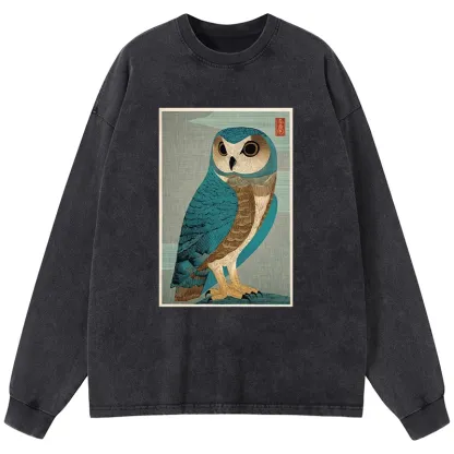 Tokyo-Tiger Vintage Owl Woodblock Art Washed Long Sleeve T-Shirt