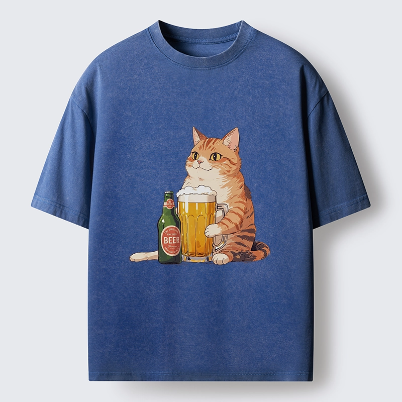 Tokyo-Tiger Funny Beer Cat After Work Washed T-Shirt