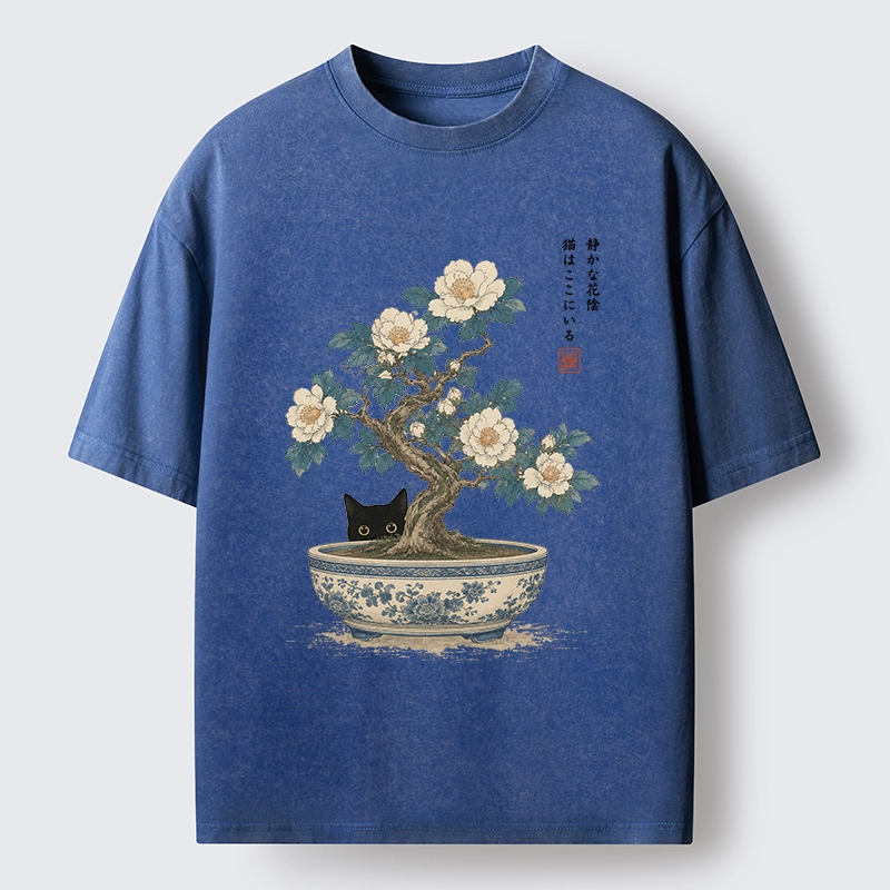 Tokyo-Tiger Black Cat Hiding In The Bonsai Washed T-Shirt