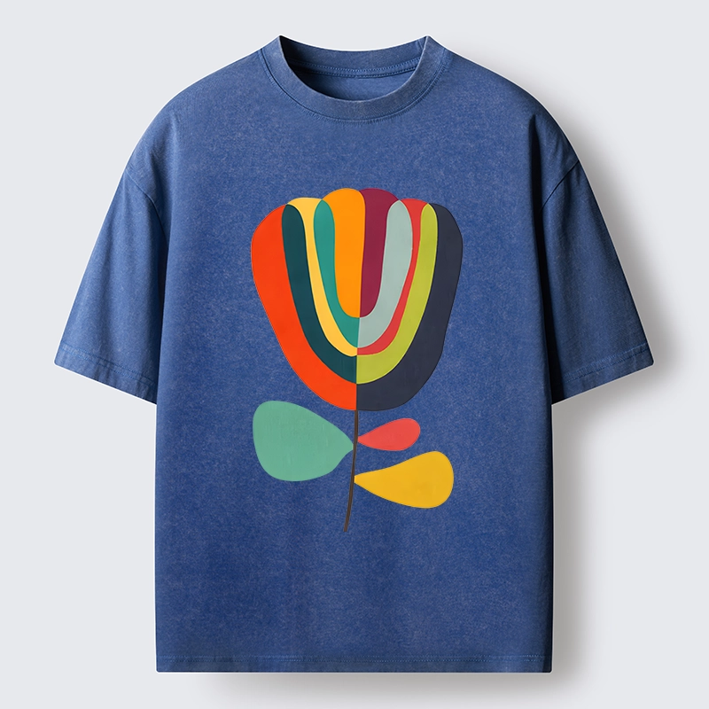 Tokyo-Tiger Colorful Flower Minimalist Print Washed T-Shirt