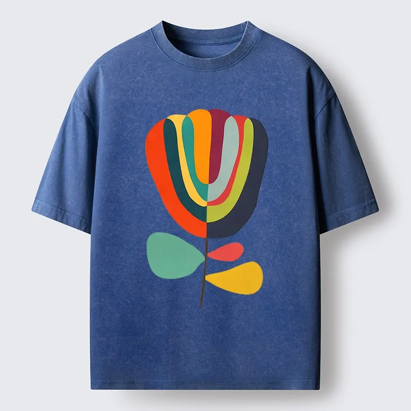 Tokyo-Tiger Colorful Flower Minimalist Print Washed T-Shirt