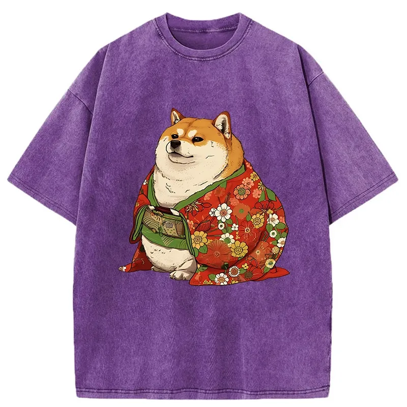 Tokyo-Tiger Shiba Inu Wearing Kimono Washed T-Shirt