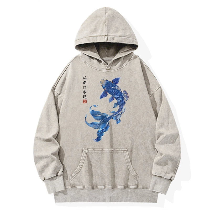 Tokyo-Tiger Lucky Blue Koi Fish Art Washed Hoodie