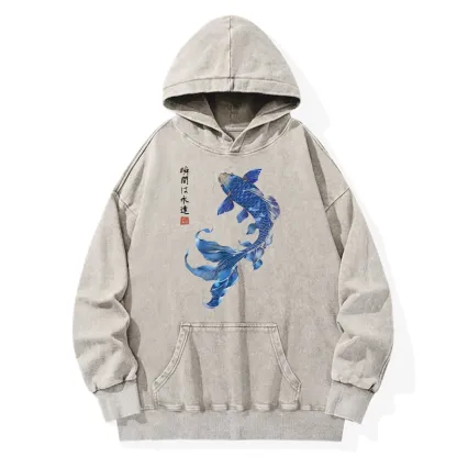 Tokyo-Tiger Lucky Blue Koi Fish Art Washed Hoodie