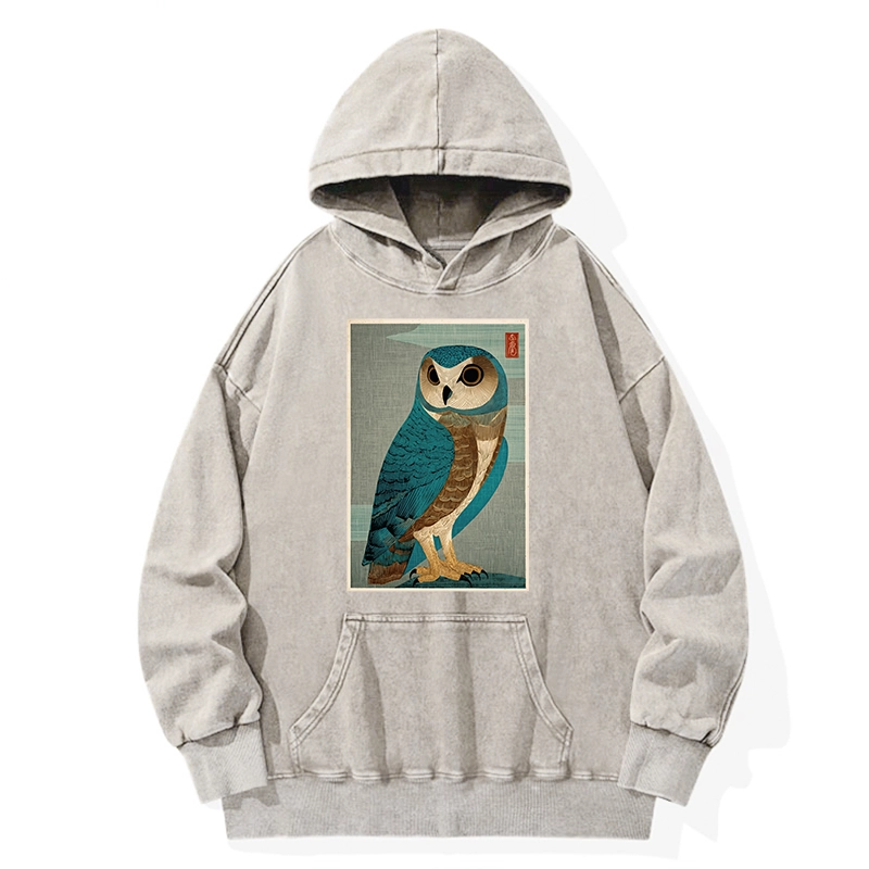 Tokyo-Tiger Vintage Owl Woodblock Art Washed Hoodie