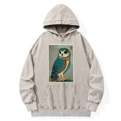 Tokyo-Tiger Vintage Owl Woodblock Art Washed Hoodie