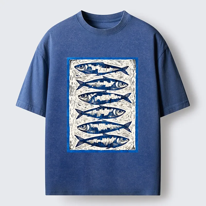 Tokyo-Tiger Vintage Block Print Ocean Fish Washed T-Shirt Sale