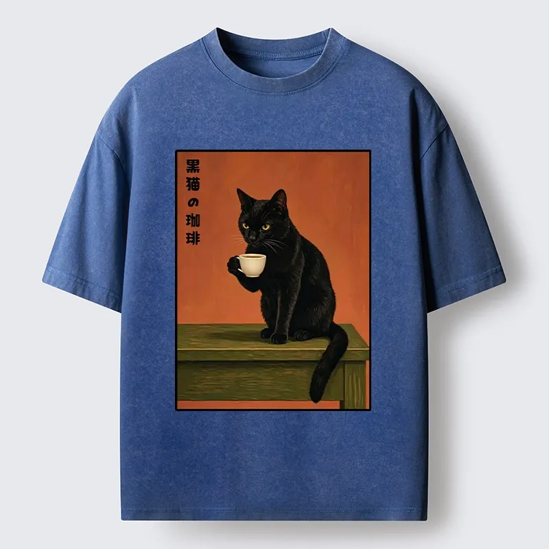 Tokyo-Tiger Retro Art Cat Sips Warm Coffee Washed T-Shirt