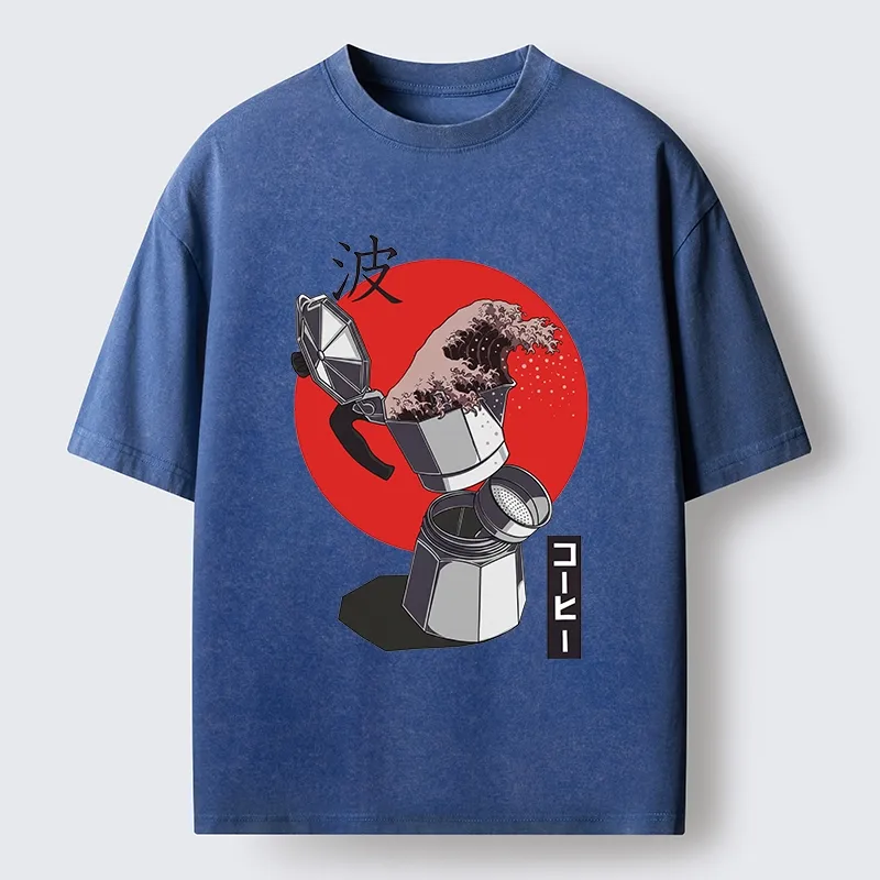 Tokyo-Tiger Coffee Wave Pours From Moka Pot Washed T-Shirt Sale