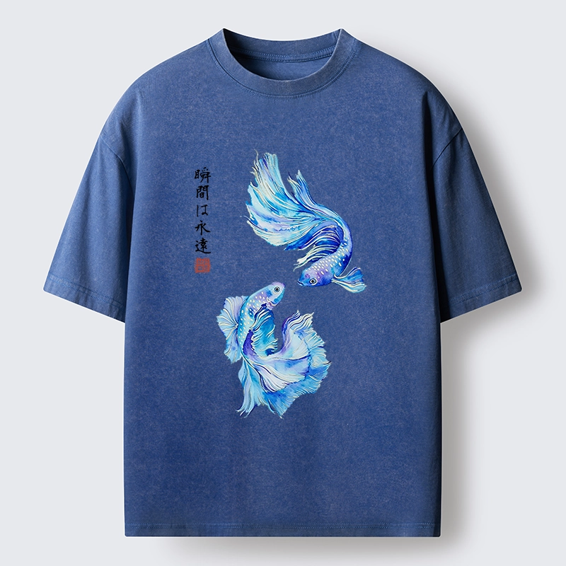 Tokyo-Tiger Japanese Watercolor Pair Betta Fish Washed T-Shirt