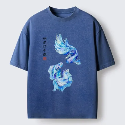 Tokyo-Tiger Japanese Watercolor Pair Betta Fish Washed T-Shirt