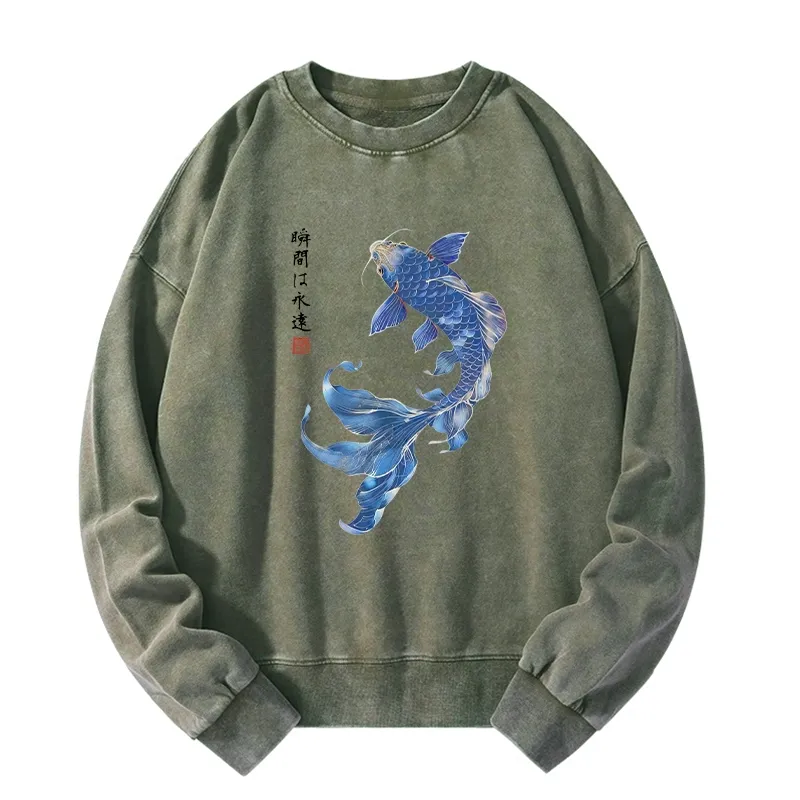 Tokyo-Tiger Lucky Blue Koi Fish Art Washed Sweatshirt