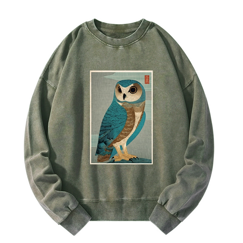 Tokyo-Tiger Vintage Owl Woodblock Art Washed Sweatshirt