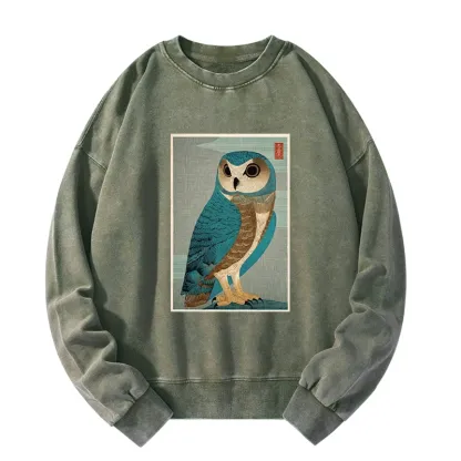Tokyo-Tiger Vintage Owl Woodblock Art Washed Sweatshirt