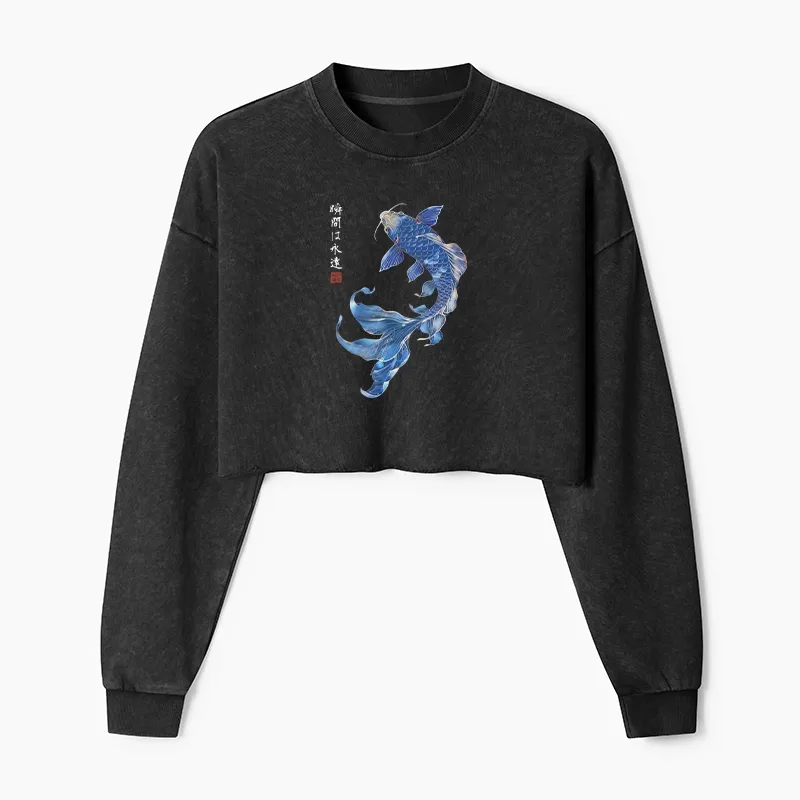 Tokyo-Tiger Lucky Blue Koi Fish Art Washed Crop Sweatshirt