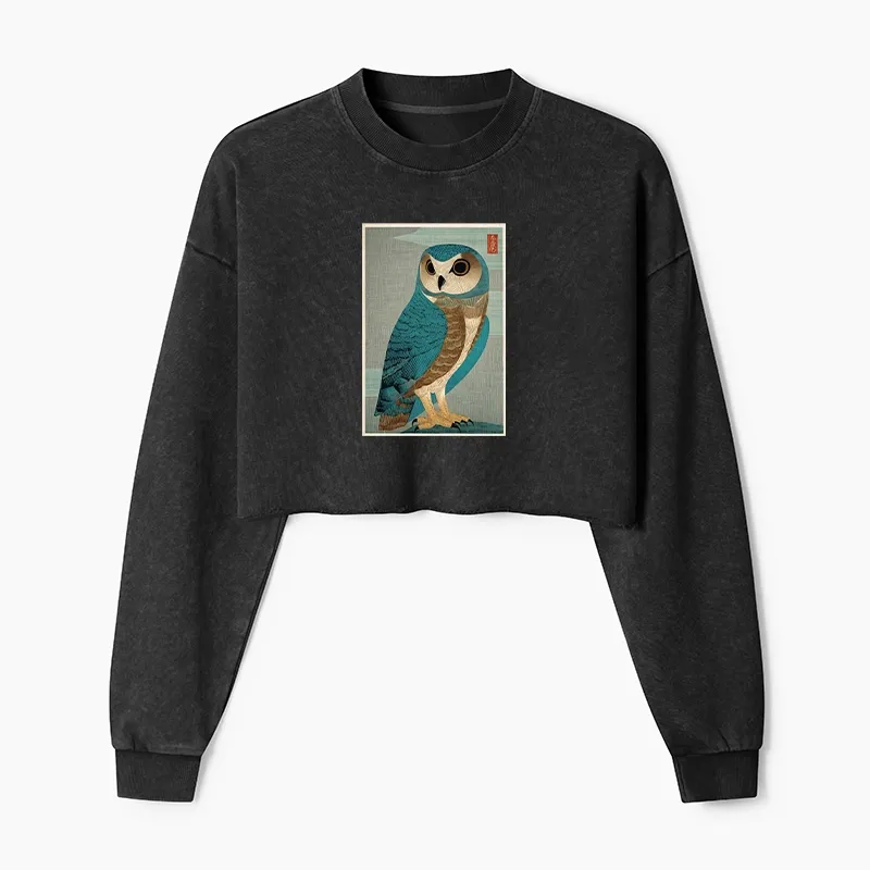 Tokyo-Tiger Vintage Owl Woodblock Art Washed Crop Sweatshirt