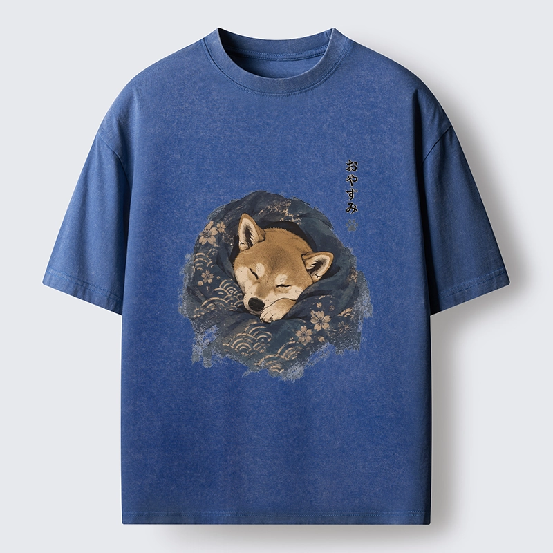 Tokyo-Tiger Sleepy Shiba Hides In Warm Quilt Washed T-Shirt