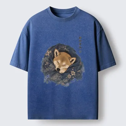 Tokyo-Tiger Sleepy Shiba Hides In Warm Quilt Washed T-Shirt