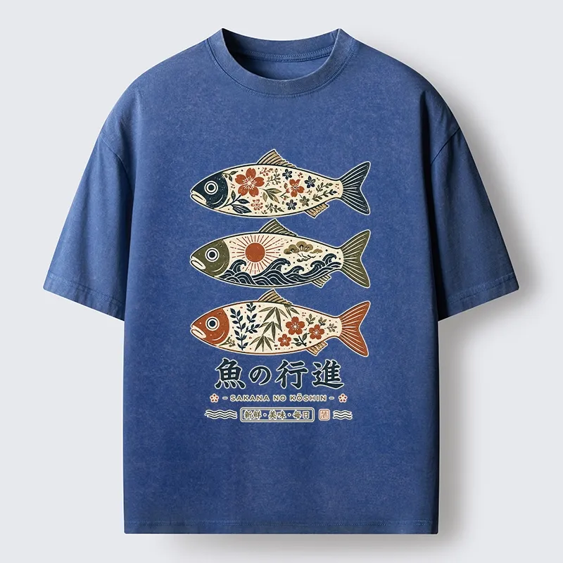 Tokyo-Tiger Sakura Waves Decorate Three Fish Washed T-Shirt