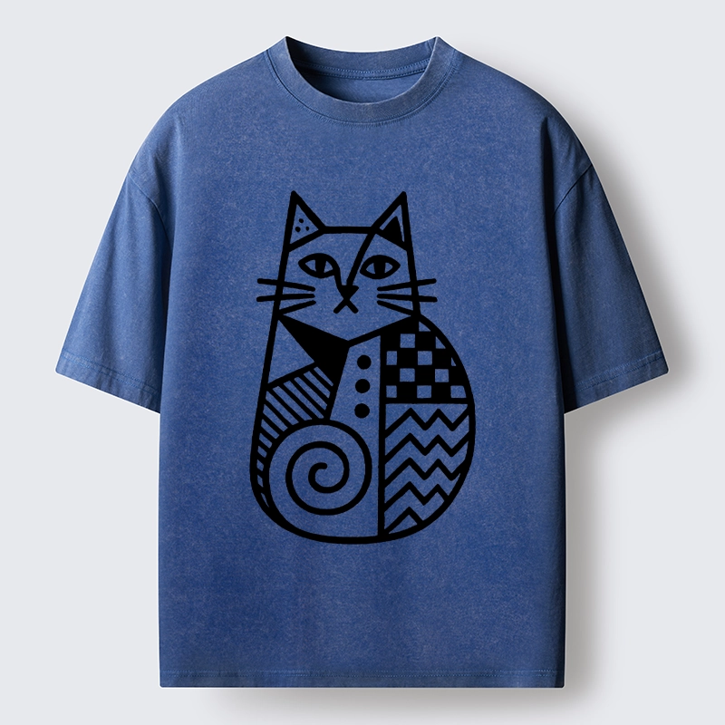 Tokyo-Tiger Simple Folk Art Patterned Cat Washed T-Shirt