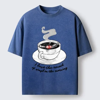 Tokyo-Tiger Coffee Cup Holds Spinning Vinyl Record Washed T-Shirt