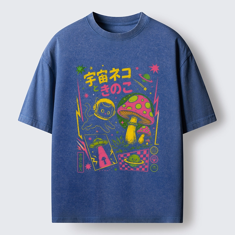 Tokyo-Tiger Space Cat And Magic Mushrooms Washed T-Shirt