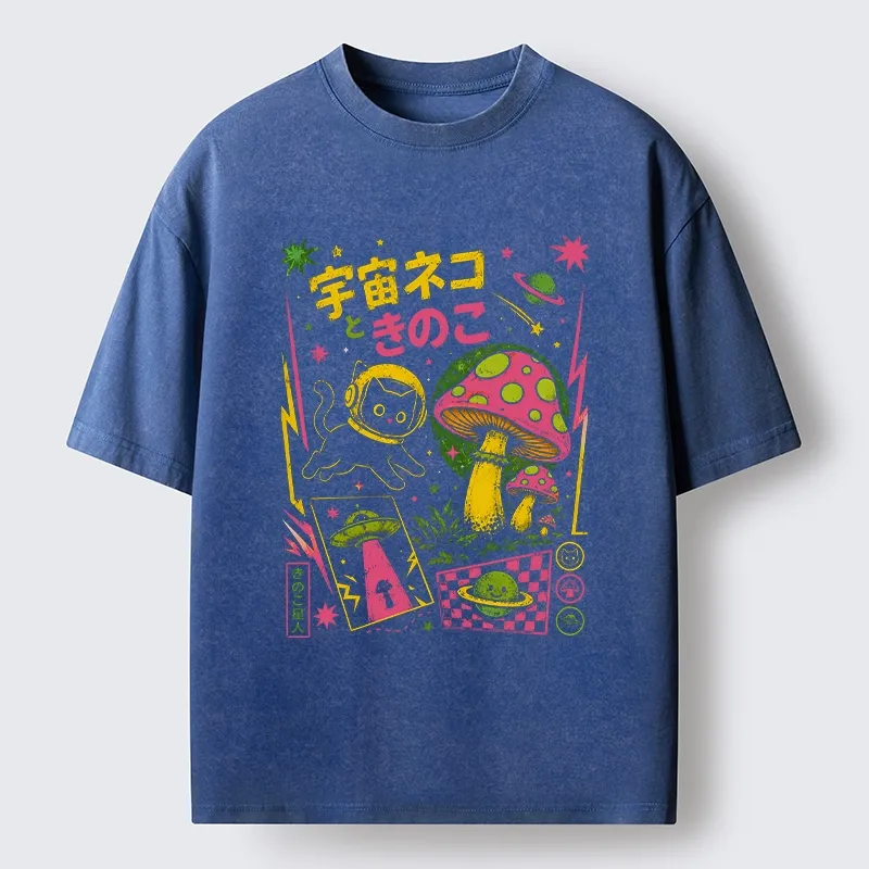 Tokyo-Tiger Space Cat And Magic Mushrooms Washed T-Shirt