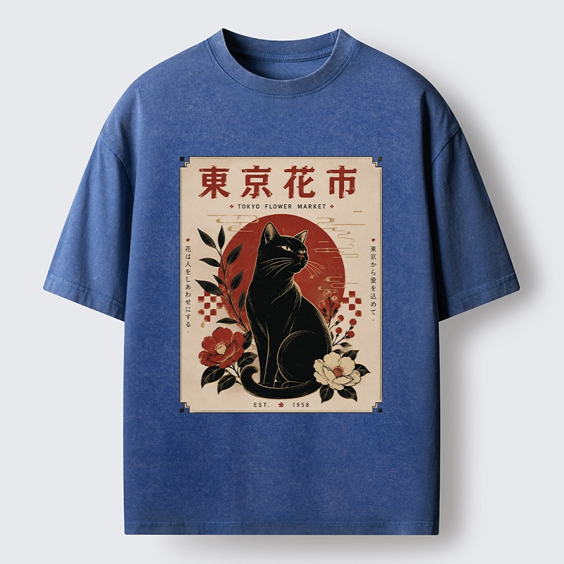 Tokyo-Tiger Tokyo Flower Market Cat Washed T-Shirt