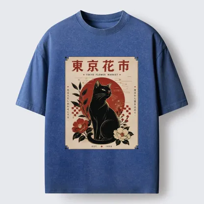 Tokyo-Tiger Tokyo Flower Market Cat Washed T-Shirt