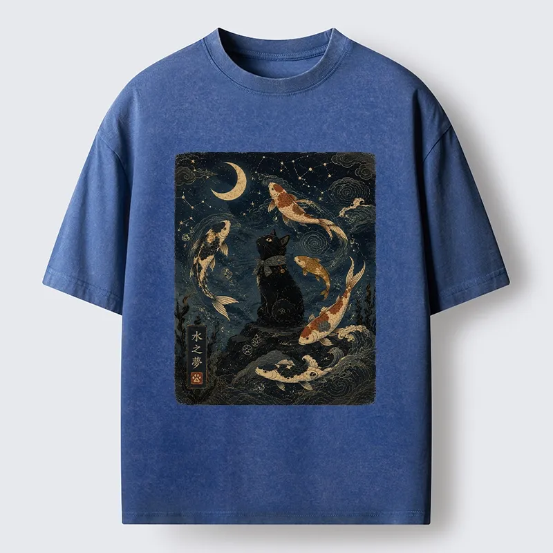 Tokyo-Tiger Black Cat And Koi Fish Washed T-Shirt