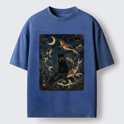 Tokyo-Tiger Black Cat And Koi Fish Washed T-Shirt