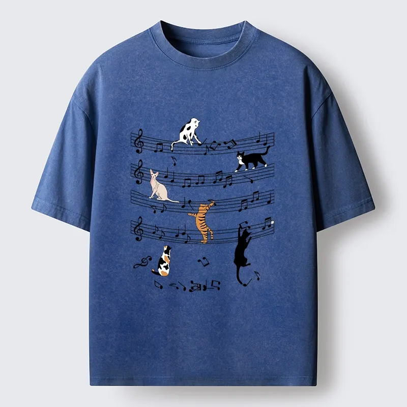 Tokyo-Tiger Cats On Musical Notes Washed T-Shirt