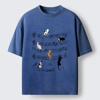 Tokyo-Tiger Cats On Musical Notes Washed T-Shirt