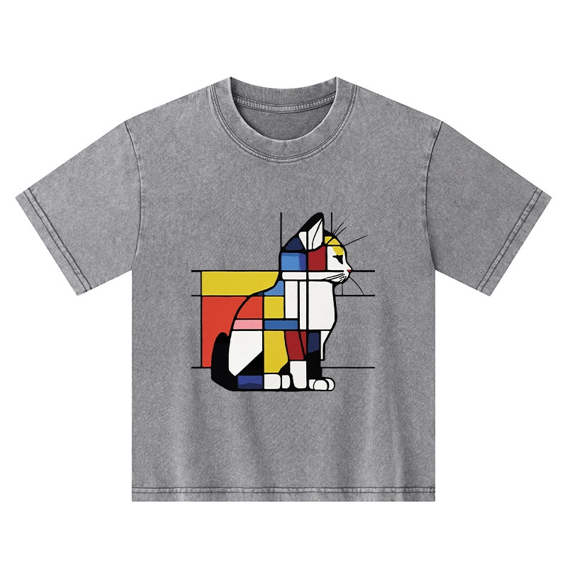 Tokyo-Tiger Geometric Cat Art In Primary Colors Kids Washed T-Shirt