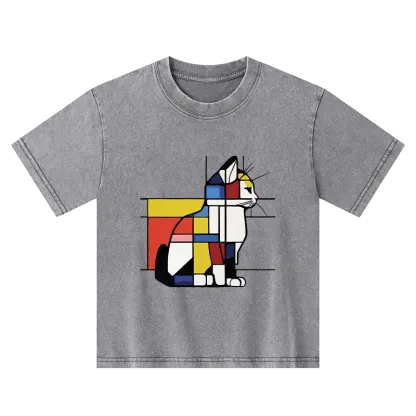Tokyo-Tiger Geometric Cat Art In Primary Colors Kids Washed T-Shirt