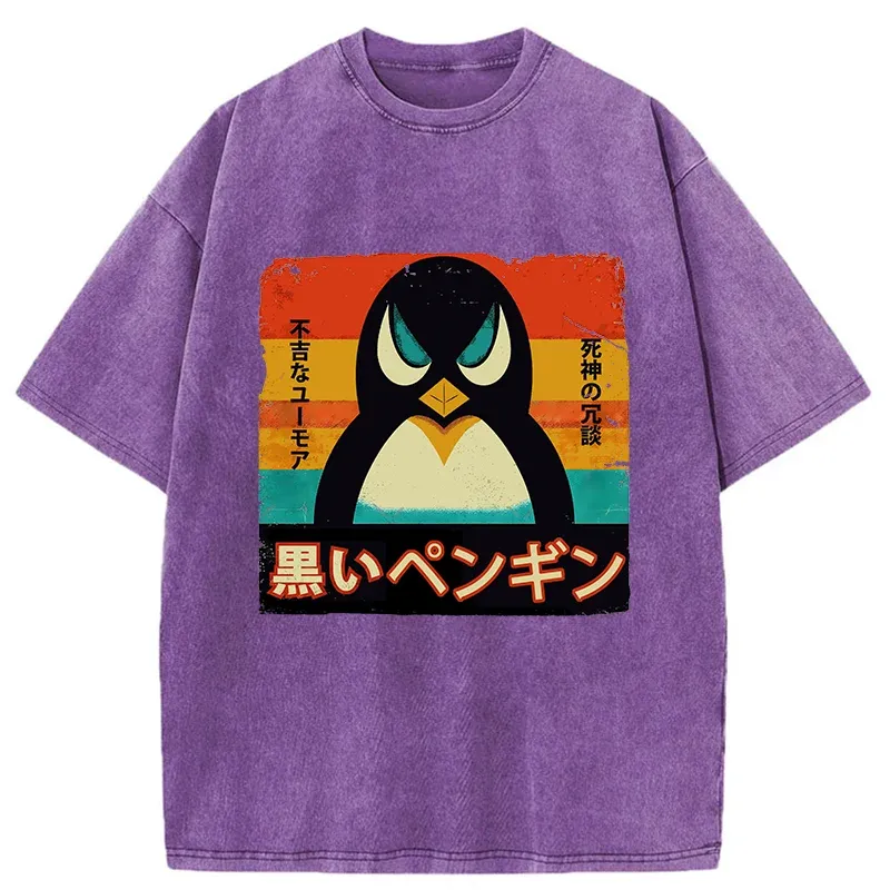 Tokyo-Tiger Black Funny Penguin Washed T-Shirt