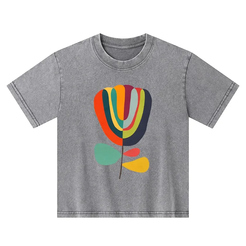 Tokyo-Tiger Colorful Flower Minimalist Print Kids Washed T-Shirt