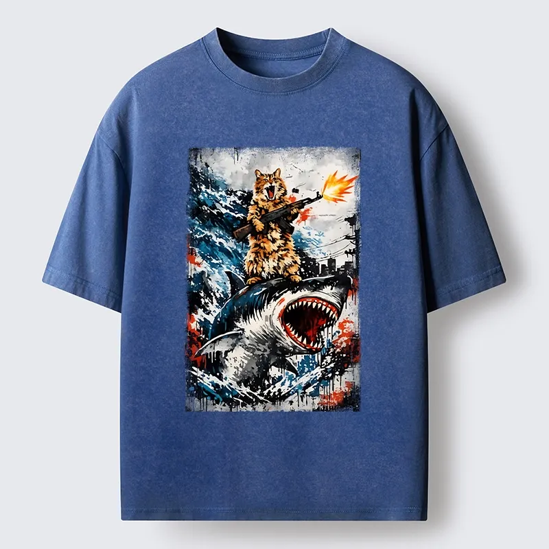 Tokyo-Tiger Cat Riding A Shark With A Gun Washed T-Shirt
