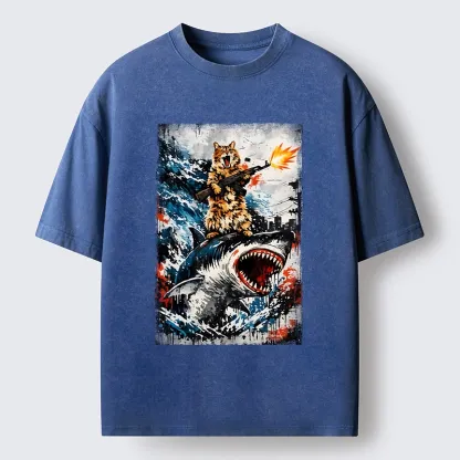 Tokyo-Tiger Cat Riding A Shark With A Gun Washed T-Shirt