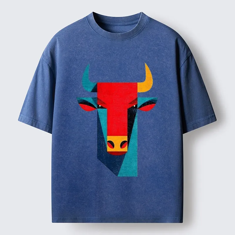 Tokyo-Tiger Geometric Bull Head Art Washed T-Shirt