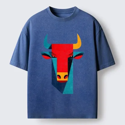 Tokyo-Tiger Geometric Bull Head Art Washed T-Shirt