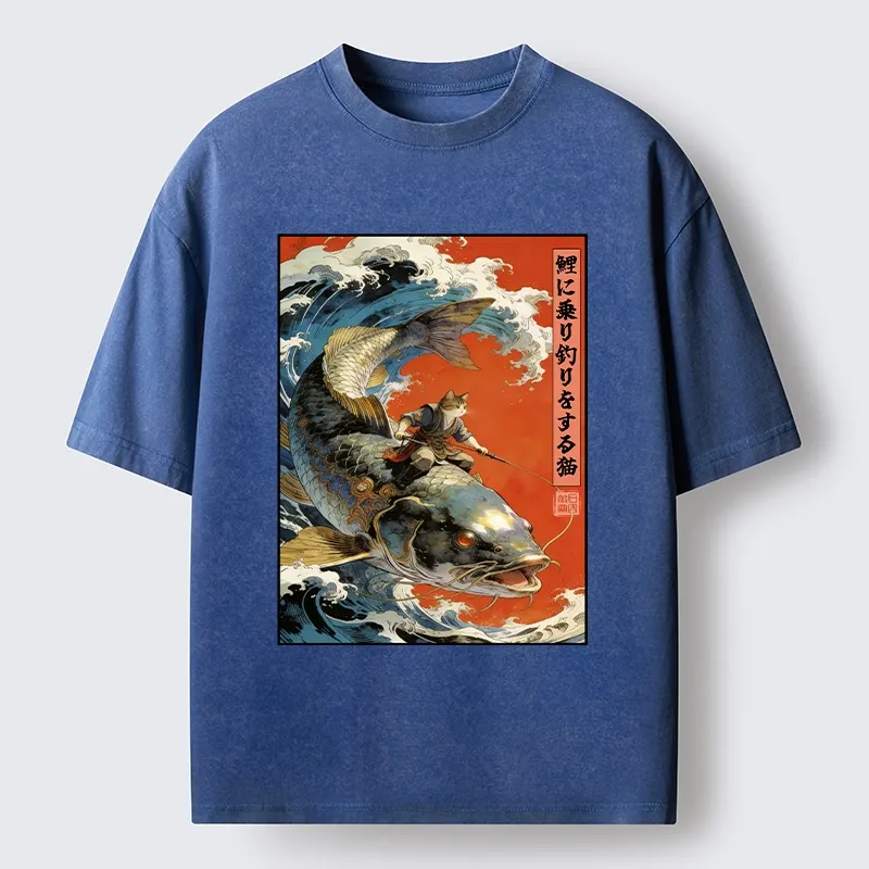 Tokyo-Tiger Ukiyo E Cat Fishing Art Washed T-Shirt